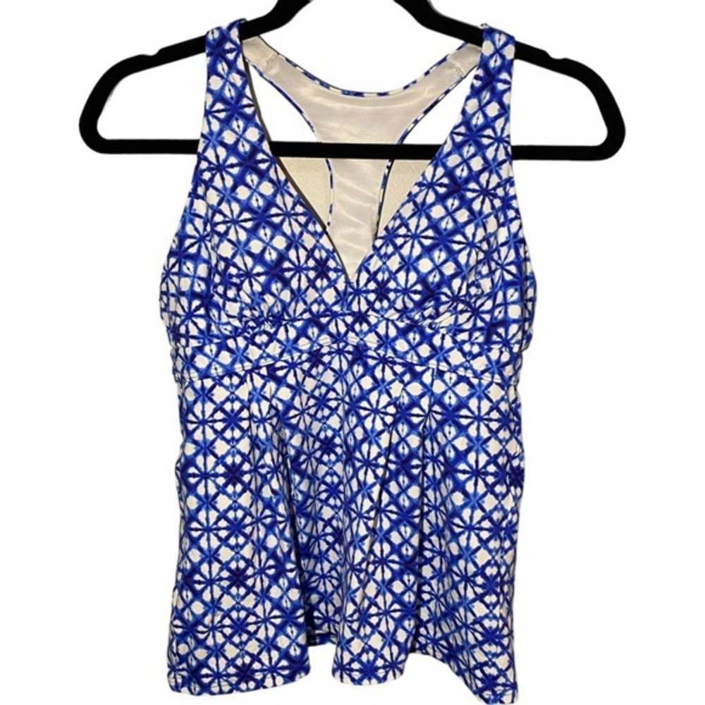 Lands End Womens 4P Blue White Shibori Tie Dye Tankini Swim Suit Top Racerback